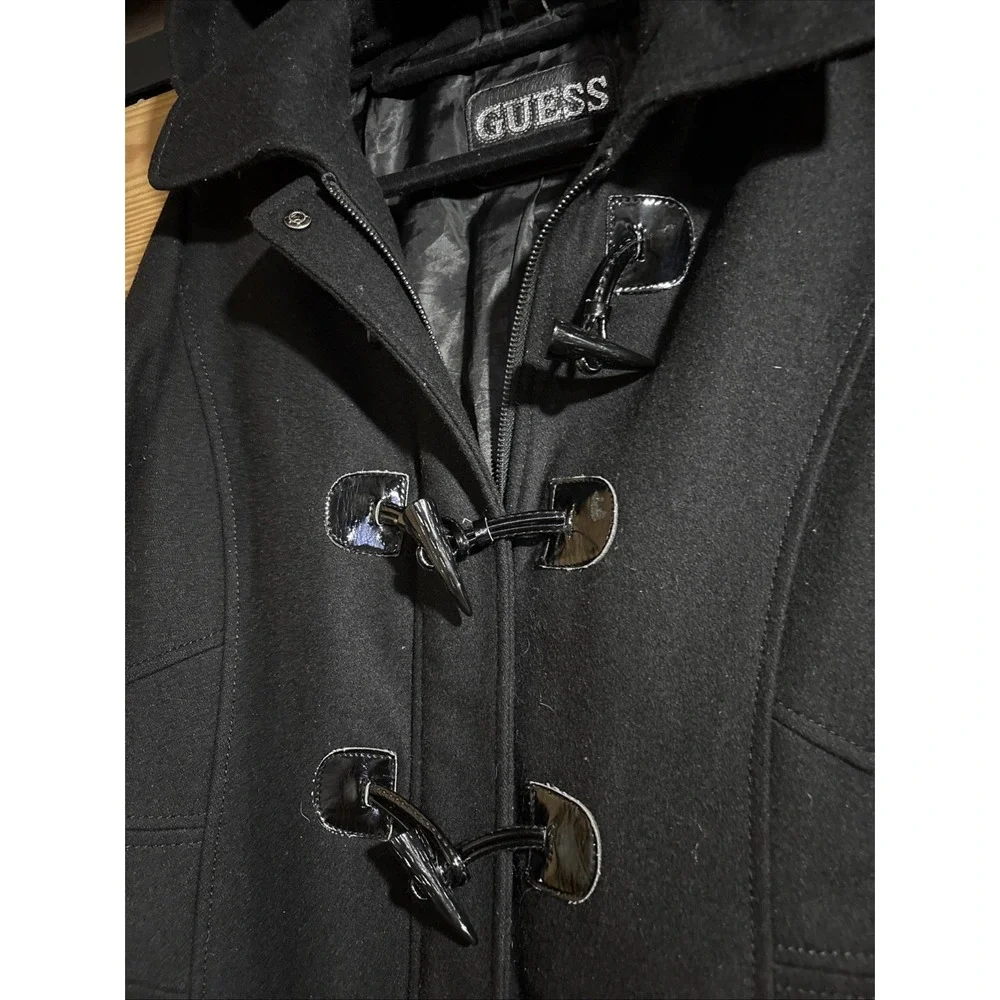 Guess Pea Coat womens Large Y2K Wool Blend Toggle Zipper Removable Hood Black